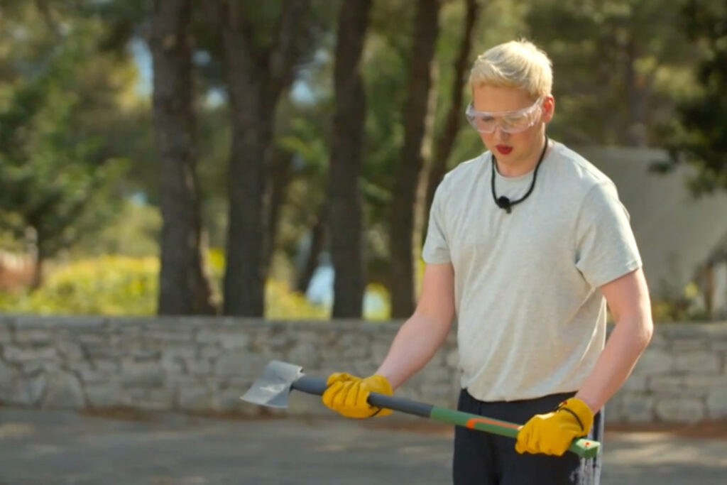 Tom building confidence through physical activity exercises on 'Virgin Island'.