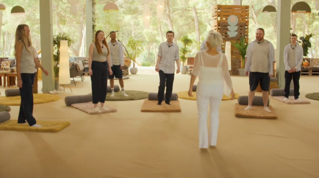 Dr Danielle Harel leading a breath exercise for 'Virgin Island' participants to teach them embodiment
