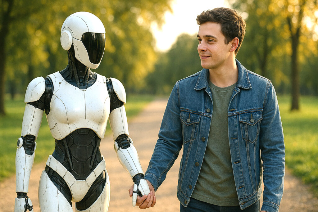 AI companion robot and young man walk hand-in-hand