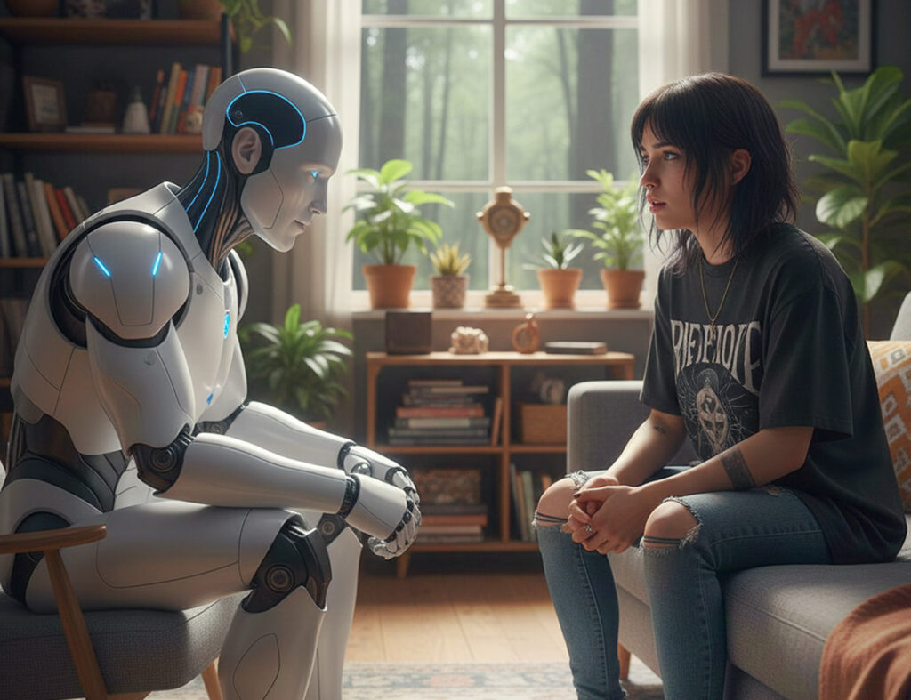 A young woman tells her problems to an AI companion robot
