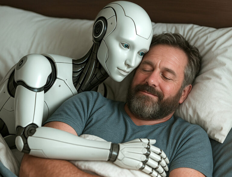 An AI romantic partner hugs a human man in bed