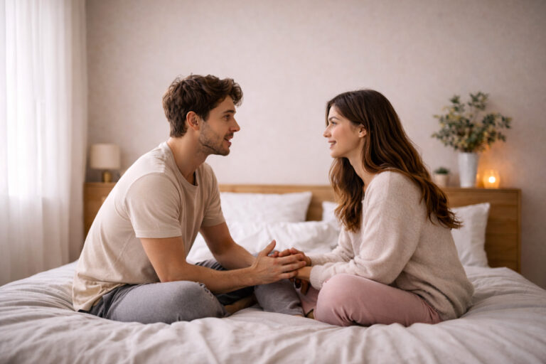 Young couple sitting on bed, doing a vulnerability exercise.